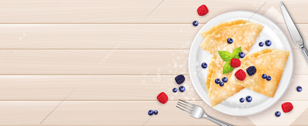Maslenitsa pancakes in white plate decorated by blueberries raspberries and blackberries realistic wooden background horizontal vector illustration