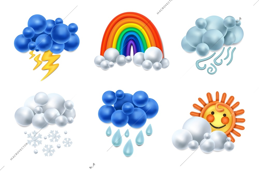 Realistic plasticine cloud set with isolated icons of bubble shaped clouds with wind bolts rain drops vector illustration