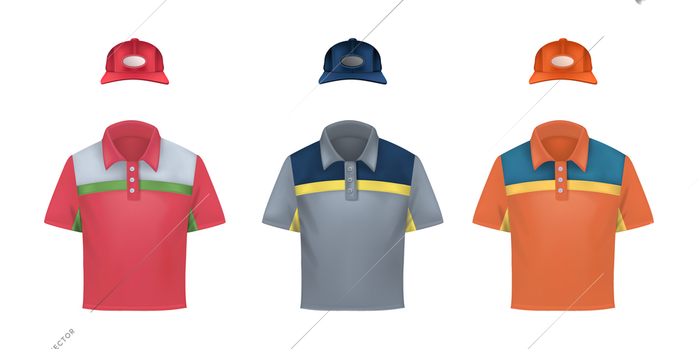 Workwear uniform realistic set with isolated icons of caps and t-shirts colored according to brand vector illustration