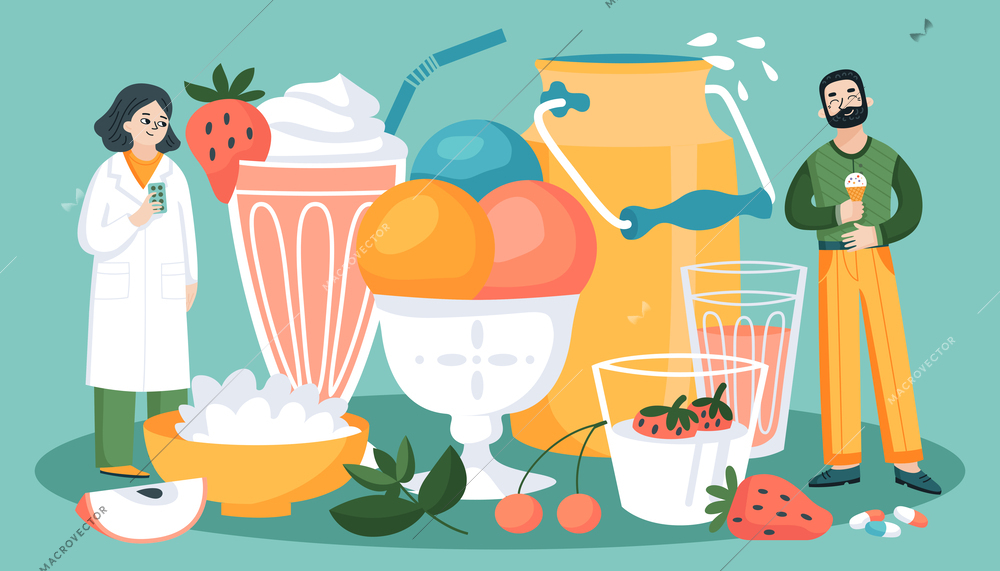 Lactose intolerant composition with icons of dairy dishes and human characters of suffering person with doctor vector illustration