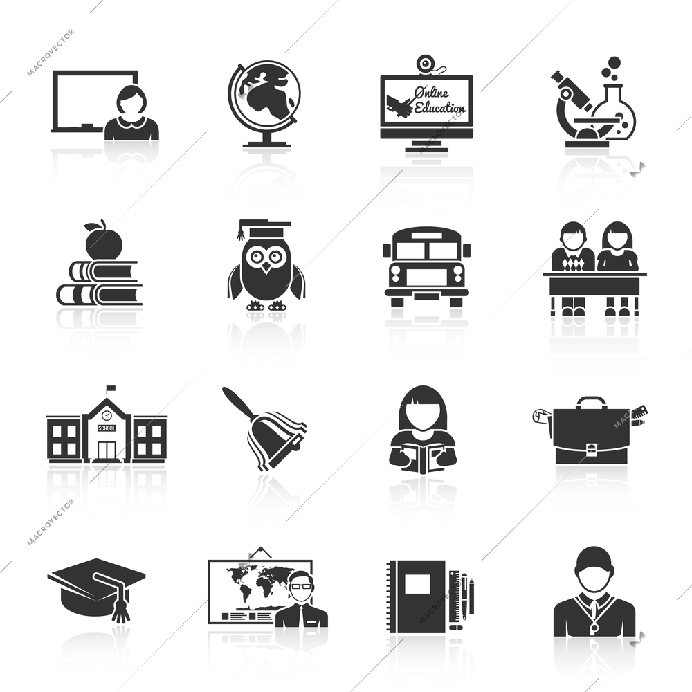 School icon black set with classroom books bus isolated vector illustration