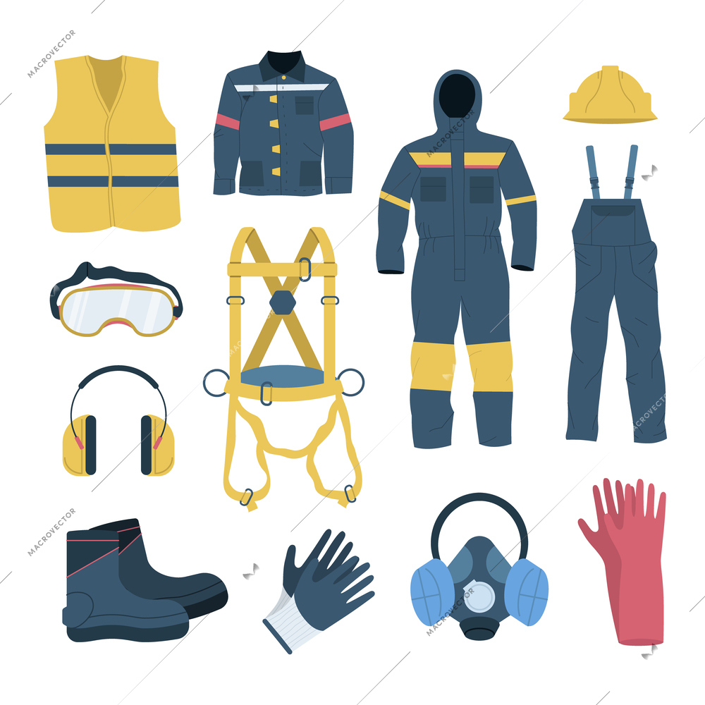 Personal protective equipment flat set with elements of clothes and accessories isolated vector illustration