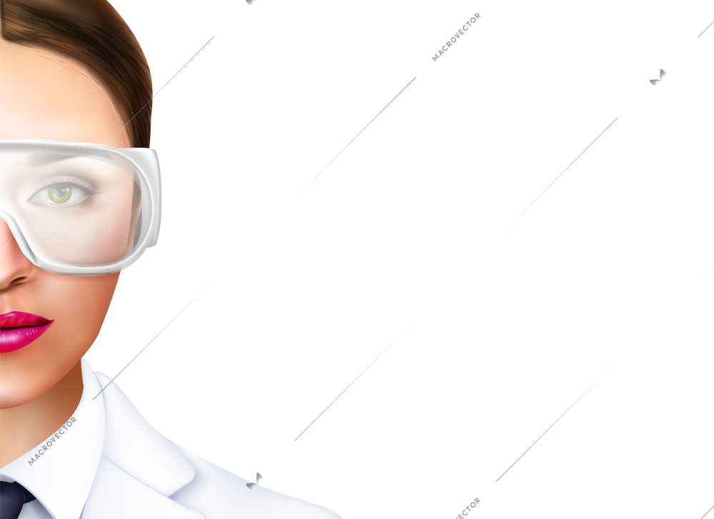 Cropped portrait of female doctor in white coat and eyeglasses on left side of white background realistic vector illustration