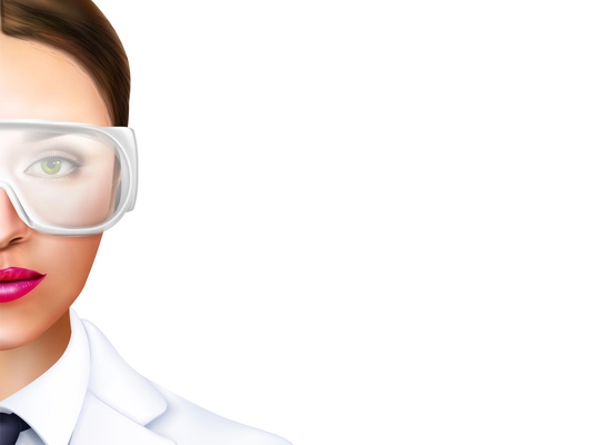 Cropped portrait of female doctor in white coat and eyeglasses on left side of white background realistic vector illustration