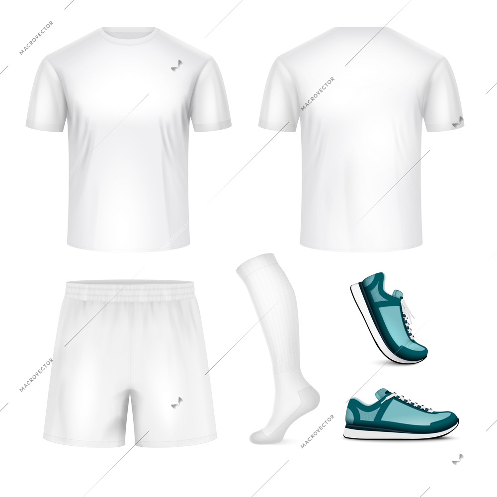 Sport uniform white mockup realistic set of tee shirts shorts socks sneakers isolated vector illustration