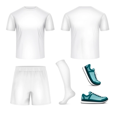 Sport uniform white mockup realistic set of tee shirts shorts socks sneakers isolated vector illustration