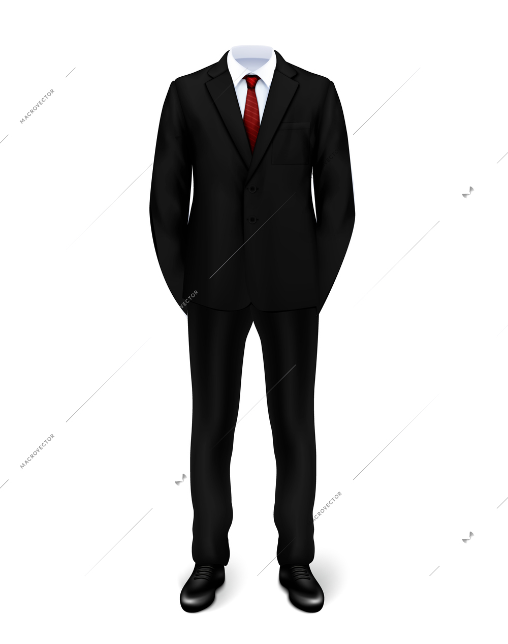 Black man suit put on invisible mannequin or male figure on white background realistic vector illustration