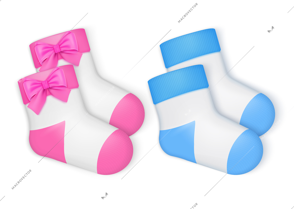 Two pare of baby socks for girl and boy realistic concept isolated on white background isolated vector illustration