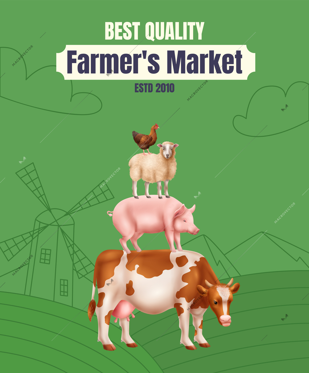 Realistic best quality farmer market vertical poster with farm animals on green background vector illustration