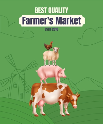 Realistic best quality farmer market vertical poster with farm animals on green background vector illustration