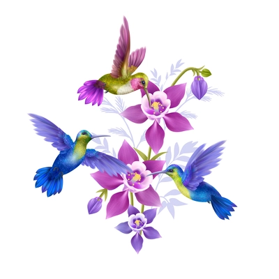 Flying hummingbird realistic concept with beautiful flora symbols vector illustration