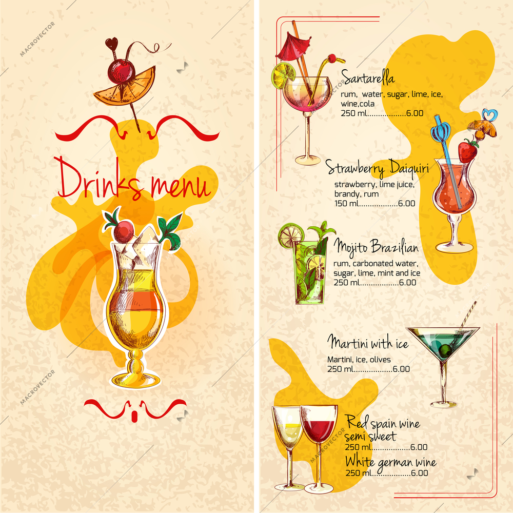 Restaurant bar wine cocktails and alcoholic drinks menu sketch vector illustration