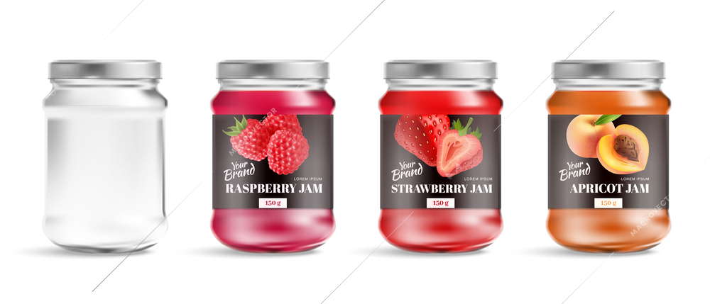 Set with isolated icons of realistic glass jars with jam and raspberry strawberry and apricot toppings vector illustration