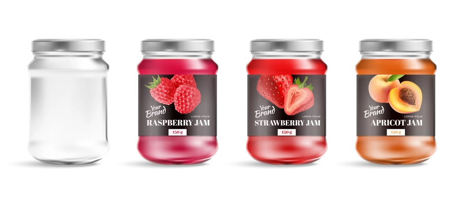 Set with isolated icons of realistic glass jars with jam and raspberry strawberry and apricot toppings vector illustration