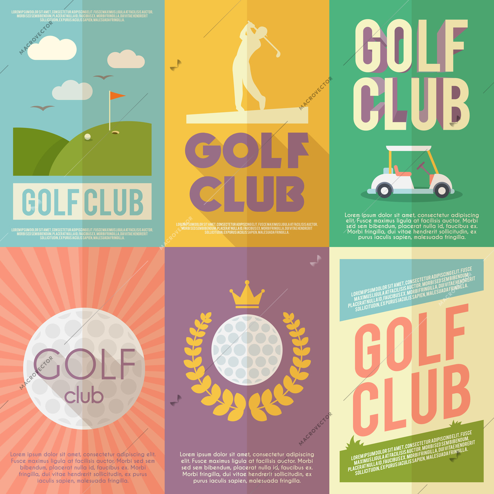 Golf club competition tournament mini poster flat set isolated vector illustration