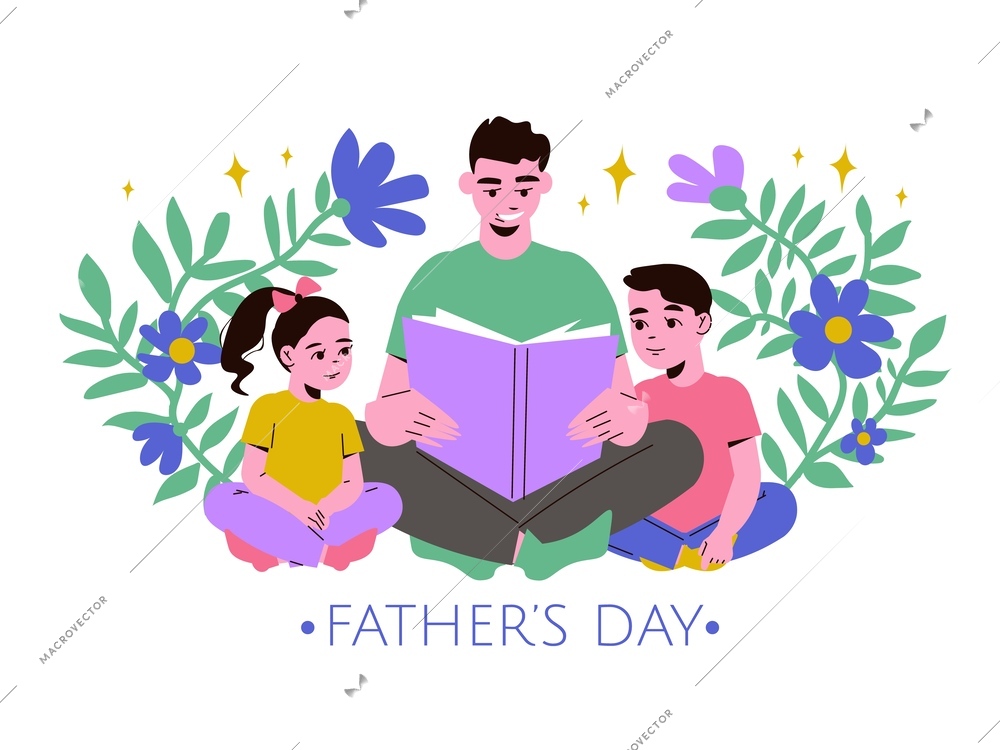 Fathers day flat composition with father reading book to his children vector illustration
