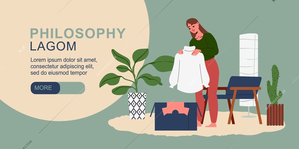 Lagom philosophy minimalism lifestyle horizontal web banner with woman sorting clothes in cozy room flat vector illustration