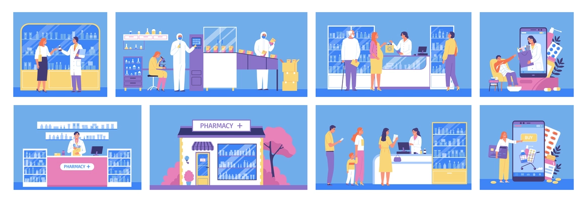 Pharmacy flat color compositions set of people making purchases of medicines online and in drugstore isolated vector illustration