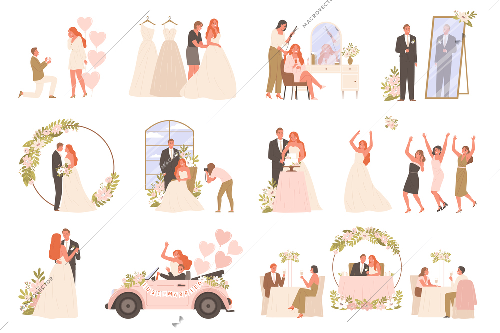 Wedding ceremony set of isolated icons with bride and groom characters dancing hugging kissing and driving vector illustration