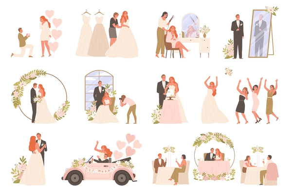 Wedding ceremony set of isolated icons with bride and groom characters dancing hugging kissing and driving vector illustration