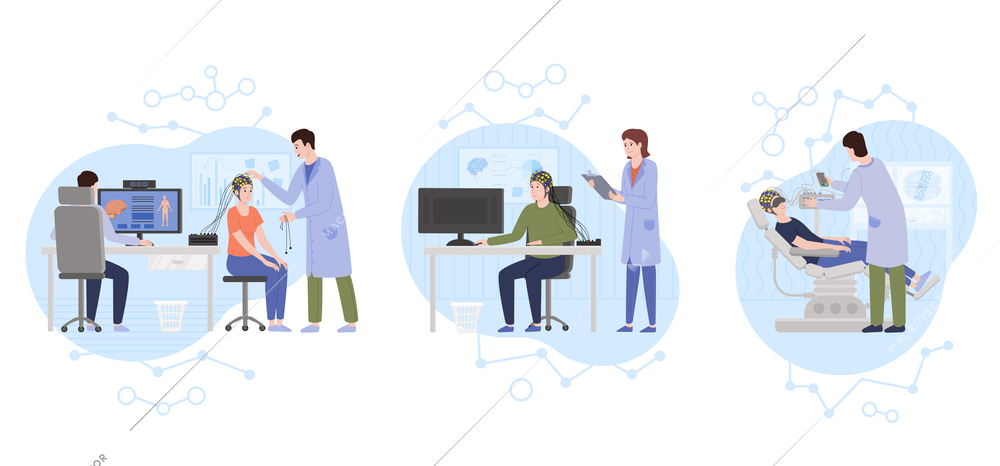 Neuroscience brain scientists flat composition with three isolated views of medical specialists and patients wearing sensors vector illustration