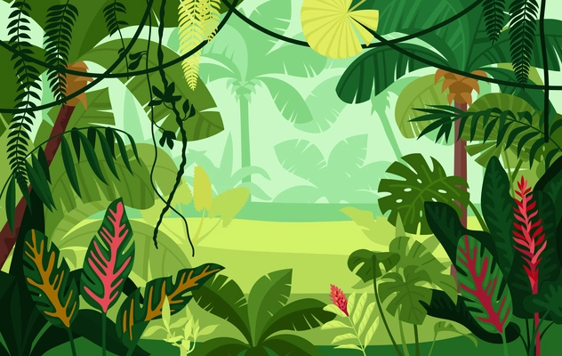 Colored jungle composition big green leaves and trees in the dense jungle vector illustration