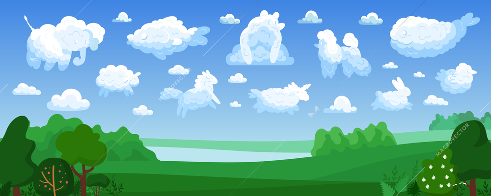 Animal clouds colored composition clouds of bizarre shapes resembling animals over the green meadow vector illustration