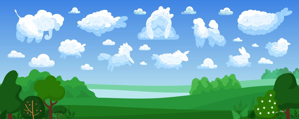 Animal clouds colored composition clouds of bizarre shapes resembling animals over the green meadow vector illustration