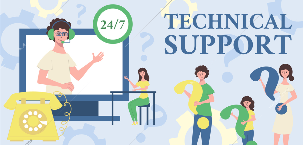 Technical IT support background with helpline symbols flat vector illustration