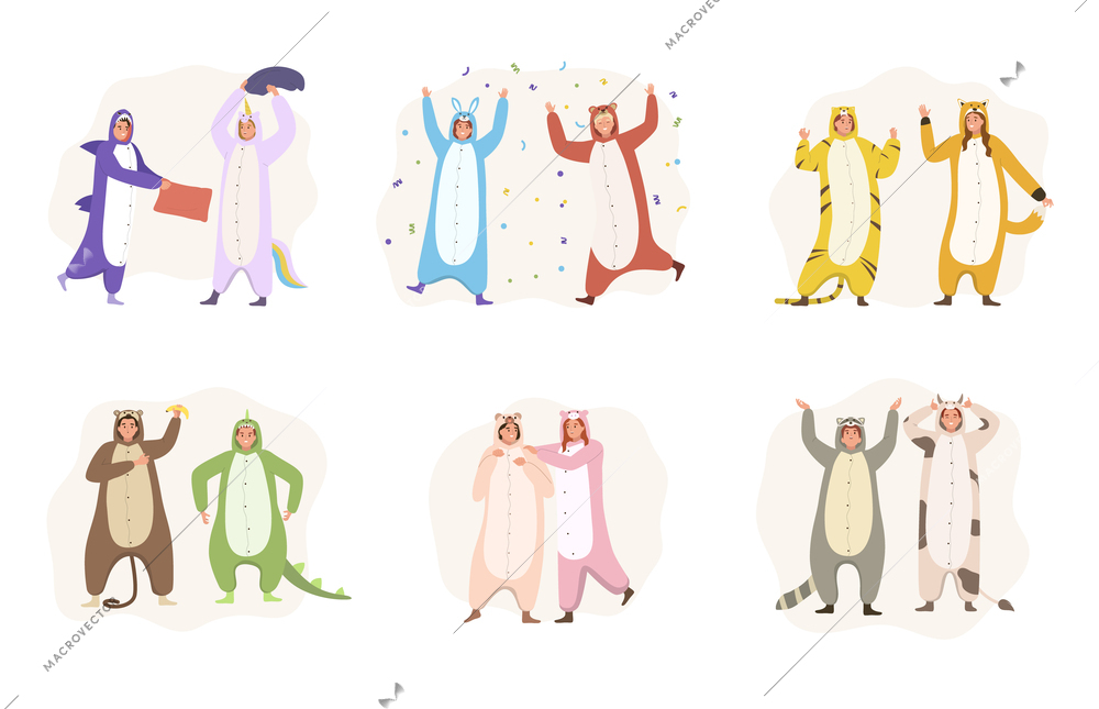 Happy people wearing colorful animalistic kigurumi pajamas having fun dancing pillow fighting flat set isolated vector illustration