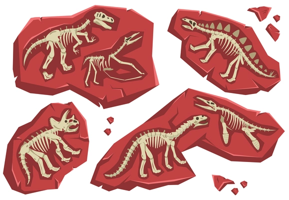 Ancient dinosaur skeletons in rocks flat set isolated against white background vector illustration