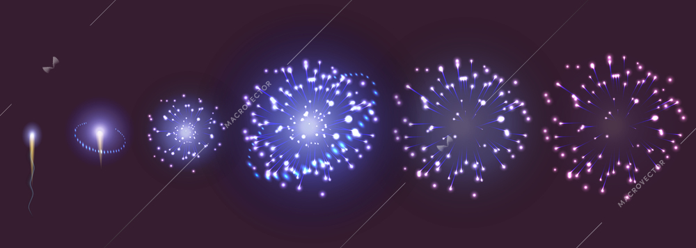 Fireworks realistic animation set with isolated images representing different stages of exploding rocket with glowing particles vector illustration