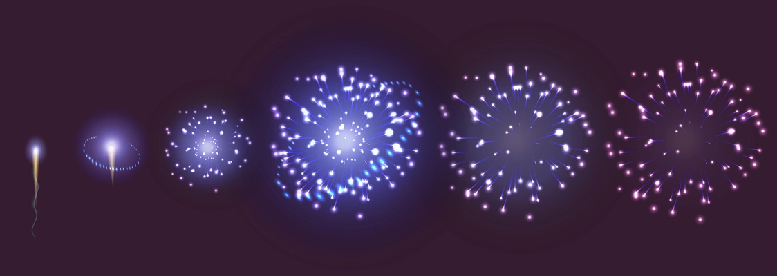 Fireworks realistic animation set with isolated images representing different stages of exploding rocket with glowing particles vector illustration