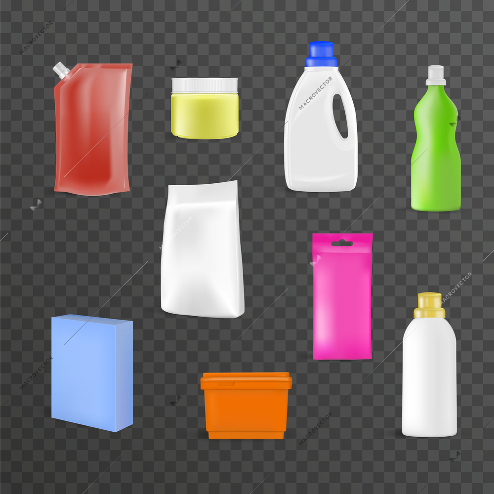 Detergent bottles packages realistic icon set with colorful storage containers for household chemicals on transparent background vector illustration