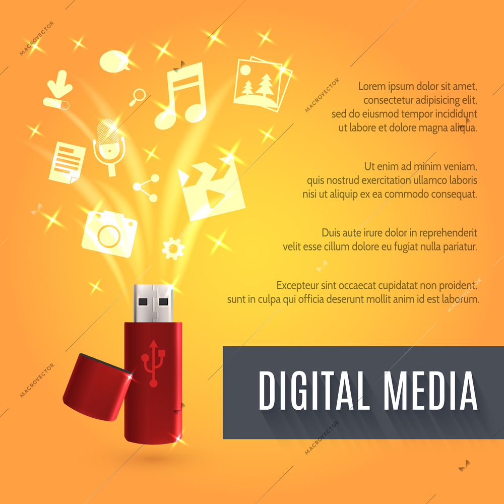 Digital media background with realistic usb flash drive vector illustration