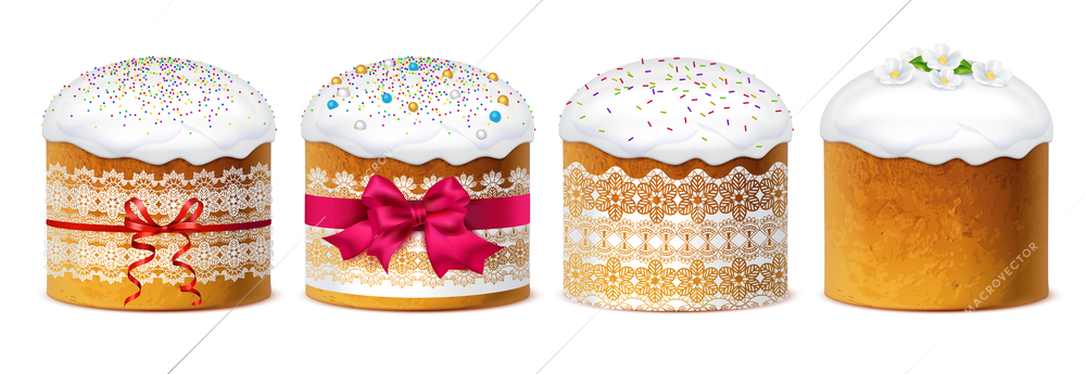 Traditional orthodox easter cakes with sweet white glaze realistic set isolated on white background vector illustration