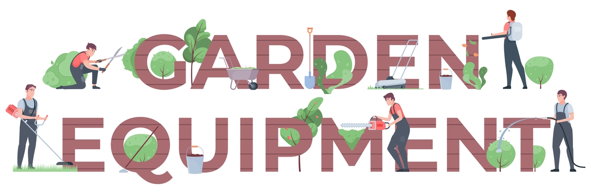 Garden equipment flat composition with gardeners using different tools vector illustration
