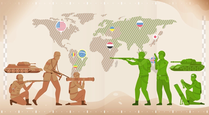 Flat war poster with soldiers military vehicles and world map vector illustration