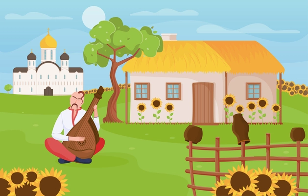 Ukraine rural scenery with house church sunflowers and cossack playing bandura on green lawn flat vector illustration