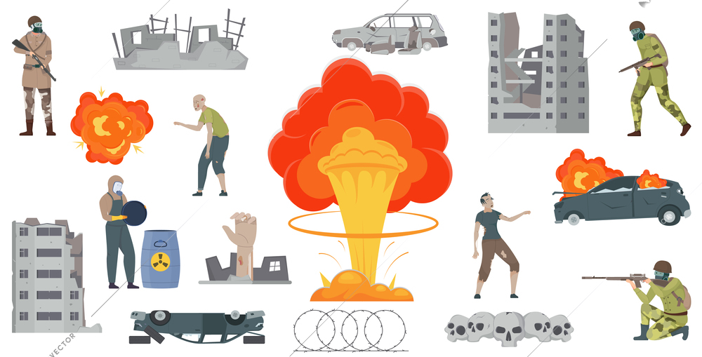 Flat set of atomic apocalypse icons with destroyed buidings soldiers and zombies isolated vector illustration