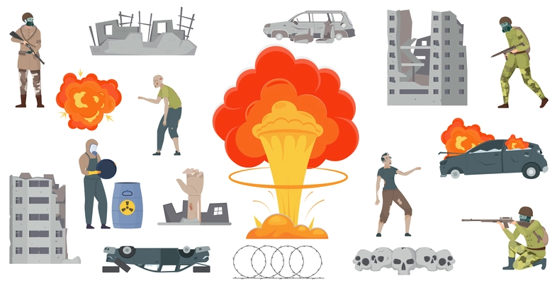 Flat set of atomic apocalypse icons with destroyed buidings soldiers and zombies isolated vector illustration