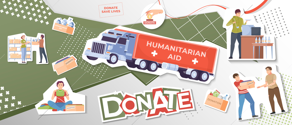 Donate collage in flat style with humanitarian aid van people making donations vector illustration