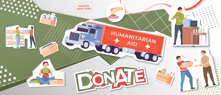 Donate collage in flat style with humanitarian aid van people making donations vector illustration