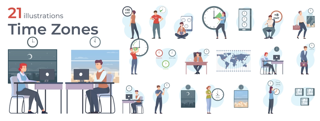 Time zones flat icons set with people and clocks in different world areas isolated vector illustration