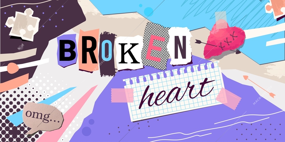 Broken heart composition with collage of flat doodle style paper pieces letters with thought bubble text vector illustration