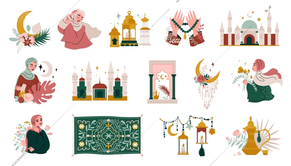 Flat set of accessories and interior objects in boho style islamic buildings and women isolated vector illustration