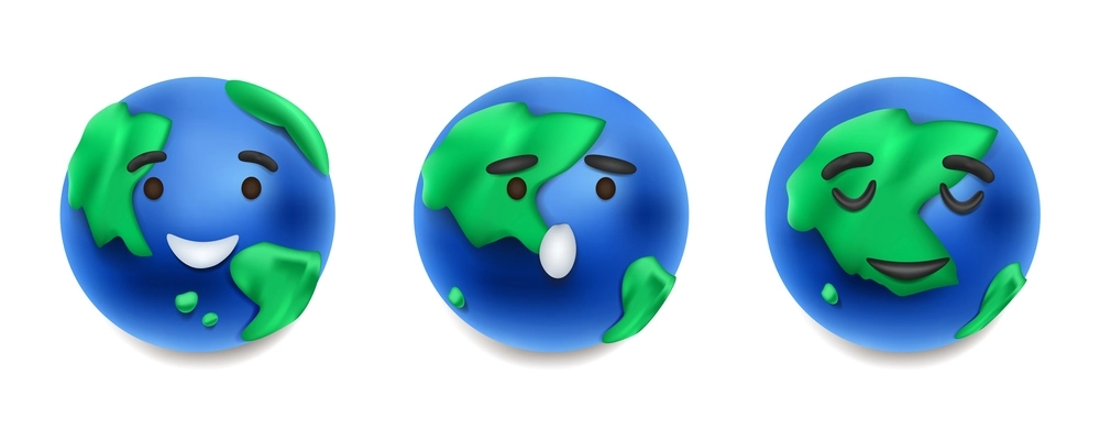 Realistic plasticine planet earth character set of three isolated icons vector illustration