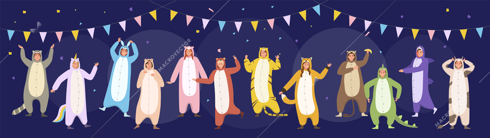 Pajama party flat background with dancing men and women wearing colorful animalistic kigurumi vector illustration