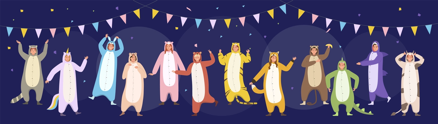 Pajama party flat background with dancing men and women wearing colorful animalistic kigurumi vector illustration