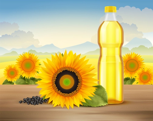 Sunflower oil advertising poster with orange flowers seeds and plastic bottle at nature field background realistic vector illustration